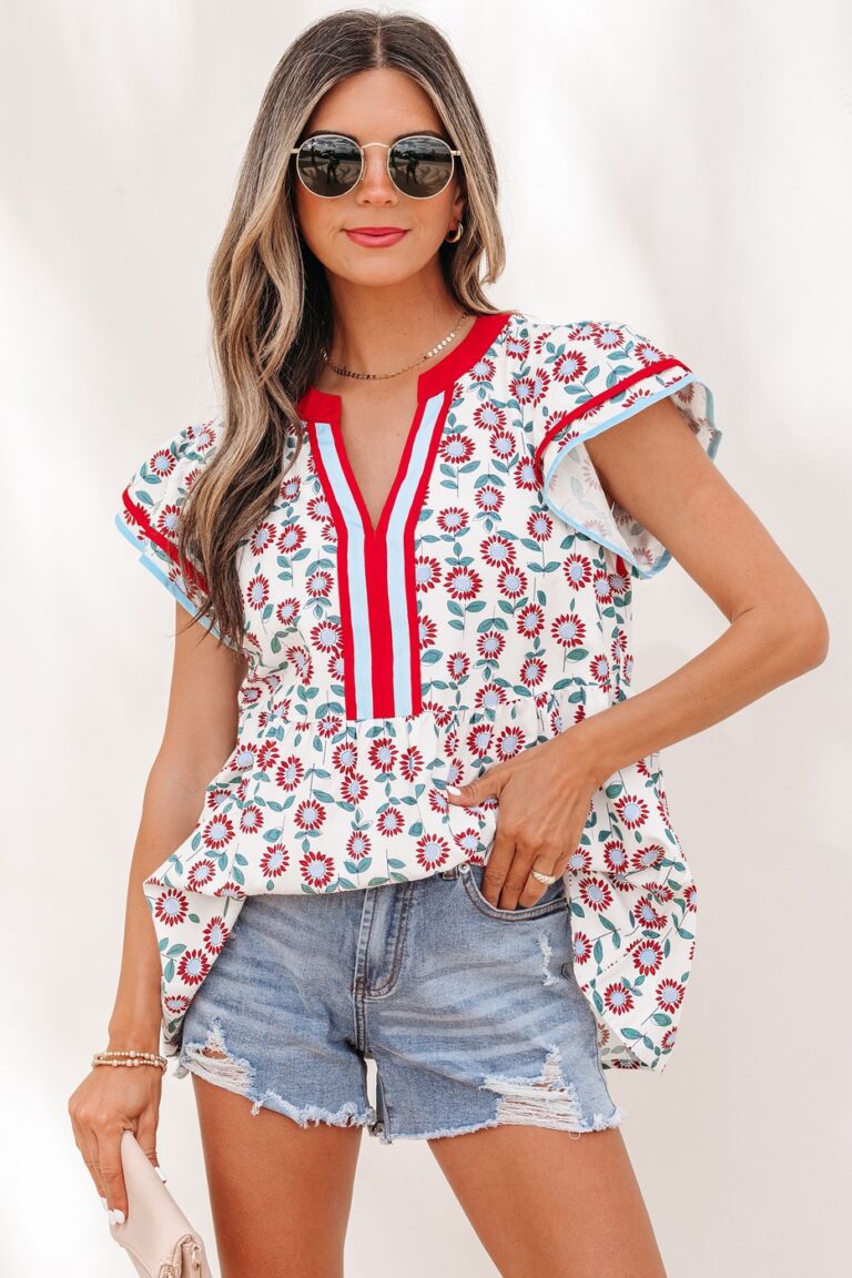 Sunflower Printed V Neck Flutter Sleeve Blouse